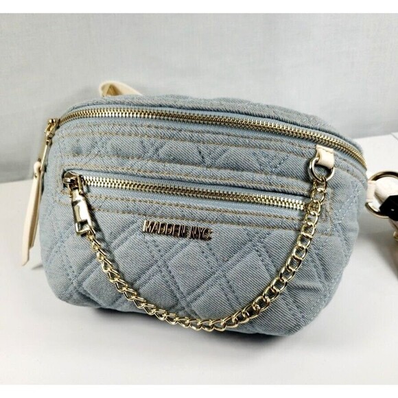 Madden NYC Women's Gold Chain Pocket Fanny Pack Crossbody with Pouch Denim New - Picture 7 of 16